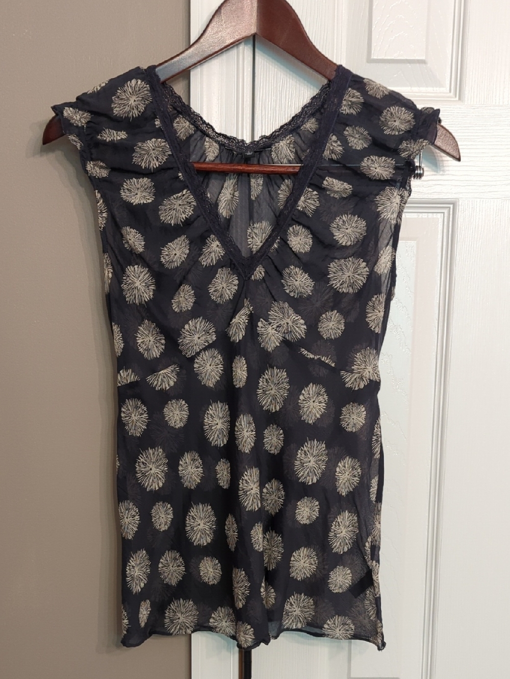 The Limited Navy Top with Beige Botanical Motif Sheer Lacy Babydoll Tieback Y2K